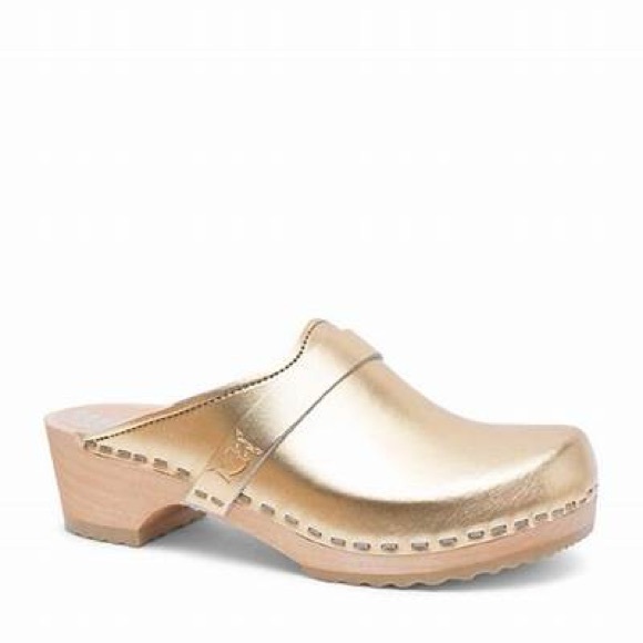 Sandgrens Handmade Swedish Metallic Gold Wood Clogs Low Heel Mule 8 - Picture 12 of 12